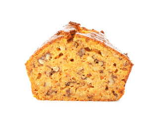 Cut homemade carrot cake with nuts isolated on white