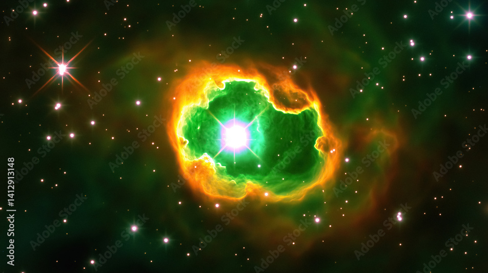 Poster vivid celestial imagery showing luminous nebula with star core surrounded by cosmic dust