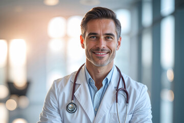 A friendly and approachable doctor with a stethoscope, smiles warmly, looking directly at the camera.