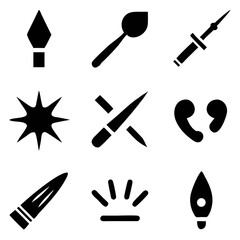 A bold collection of sharp, symbolic icons representing power, conflict, and ideas in a stark black silhouette style against a clean white background.