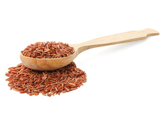 Raw brown rice and spoon isolated on white