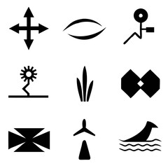 A collection of bold, minimalist glyphs representing diverse concepts—from movement and nature to technology and abstract forms—in a stark black and white style.