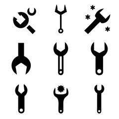 A collection of versatile wrench icons symbolizing repair, maintenance, and problem-solving in a bold, black silhouette style.
