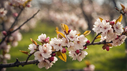 Obraz premium A beautiful display of white and pink cherry blossoms in full bloom, a spring scene.