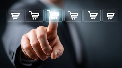 A professional businessman interacts with digital shopping icons, exploring e-commerce options.