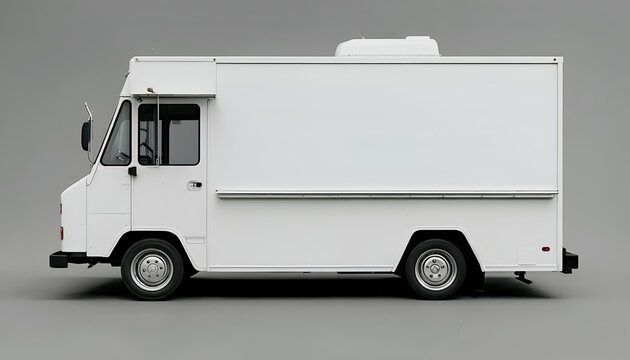 a studio shot of a white step van with a large blank side panel, ideal for advertising or customization, against a gray background.