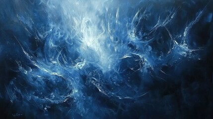 Vibrant shades of blue swirl together, creating dynamic patterns reminiscent of water or waves. The composition conveys a sense of movement and depth, engaging the viewer's imagination