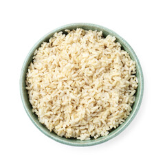 Delicious brown rice in bowl isolated on white, top view