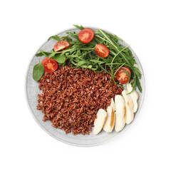 Delicious brown rice with chicken and salad isolated on white