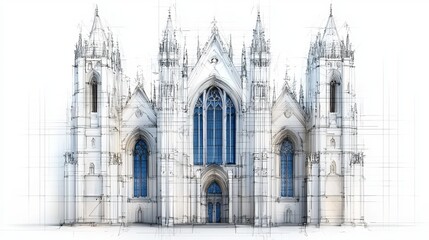 Intricate architectural design of a Gothic-style cathedral, featuring detailed spires and elegant arches.