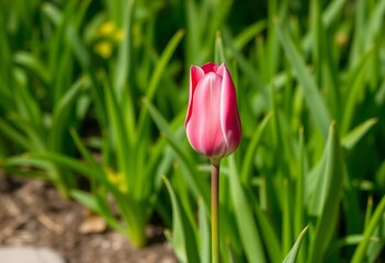 A vibrant pink tulip stands out against a lush green backdrop,  floral design,  botanical