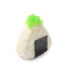 Tasty tobiko onigiri (Japanese rice ball) isolated on white