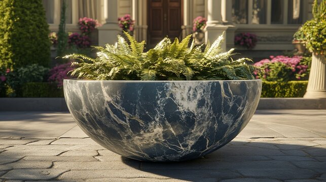 Elegant, spherical planter, featuring a beautiful marbled design, complements a luxurious home exterior. Lush greenery thrives within