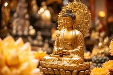 Fototapeta premium Golden Buddha statue surrounded by flowers in a serene temple environment