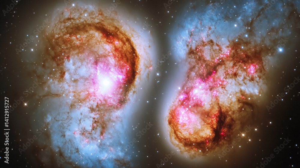 Aufkleber Cosmic collision Interacting galaxies stunning celestial display of light and dust in deep space