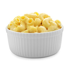 Delicious pasta with cheese sauce in bowl isolated on white