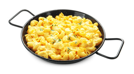Delicious pasta with cheese sauce isolated on white