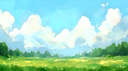 Sunny day, green field, fluffy clouds, landscape painting, background illustration