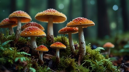 Forest floor mushrooms, moss, nature scene, autumn