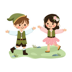 Happy and cute girl and boy play together on white background. Poster, Banner, Flyer, Greeting Card. Vector illustration in flat cartoon style