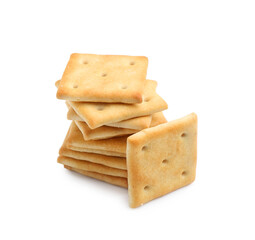 Stack of tasty salty crackers isolated on white