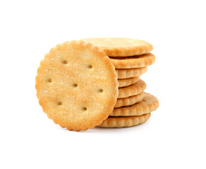 Stack of tasty salty crackers isolated on white