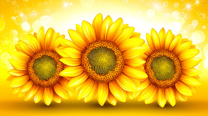 Three sunflowers, bright yellow background, summer, greeting card