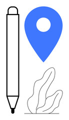 Pen, blue location marker, abstract plant element blend modernity and simplicity. Ideal for creativity, navigation, planning, branding, minimalism, education and simple landing page