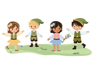 Happy and cute international kids, girls and boys, playing together on white background. Poster, Banner, Flyer, Greeting Card. Vector illustration in flat cartoon style