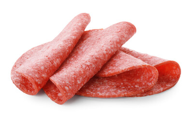Slices of tasty smoked sausage isolated on white