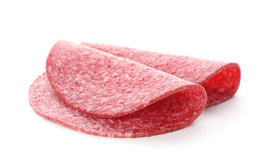 Slices of tasty smoked sausage isolated on white