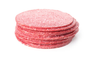 Slices of tasty smoked sausage isolated on white