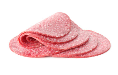 Slices of tasty smoked sausage isolated on white