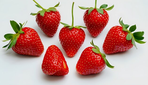 a close studio shot displays seven vibrant red strawberries with their green stems and tiny seeds against a plain white background.