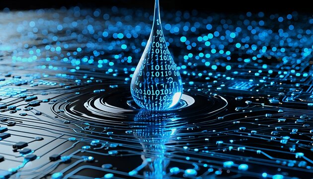 a digital droplet of binary code creates ripples across a glowing circuit board surface.