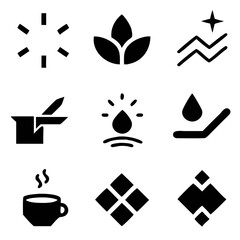 A collection of bold, black icons depicting nature, cleanliness, and warmth, showcasing simple yet effective design with a focus on clarity and minimalist style.