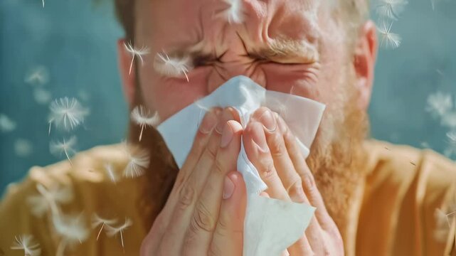 Adult male with beard sneezing into tissue, surrounded by floating white dandelion seeds against teal background, eyes tightly closed in reaction.