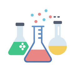 Laboratory flasks with colored liquid and bubbles in flat vector style