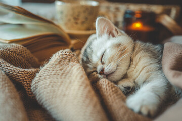 Cute kitten sleeping peacefully on warm knit blankets with a candle, a book, and a cup of tea in the background, creating a cozy autumn or winter home scene