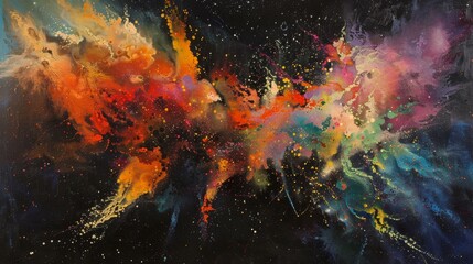 An explosion of vibrant powder bursts against a black backdrop, creating an abstract and colorful visual display.
