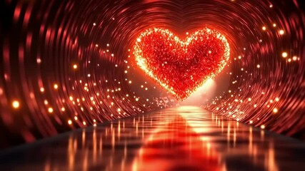Beautiful glowing heart illuminated in a tunnel filled with sparkling lights