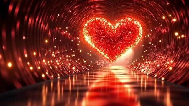 Beautiful glowing heart illuminated in a tunnel filled with sparkling lights