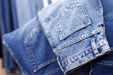 Jeans pants. A detailed stitching details of a blue denim jean.