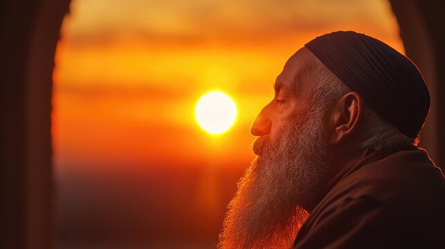 Elderly man with a long white beard and skullcap meditating with closed eyes during a warm golden sunset.