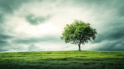Solitary tree stands on a green hill under a cloudy sky.
