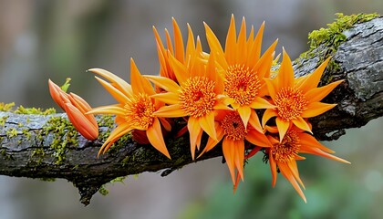 a vibrant cluster of flame-colored sphaeranthus indicus blooms adorns a moss-covered branch, showcasing their unique, spiky petals against a blurred green background.