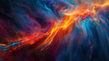 Fototapeta premium Bright flames rise and move through the dark night, casting a dynamic glow in a blurred background.