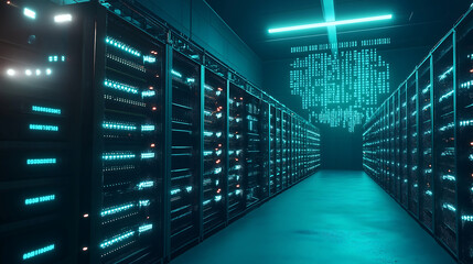 Fototapeta premium Data center server room with rows of racks for hosting and computing