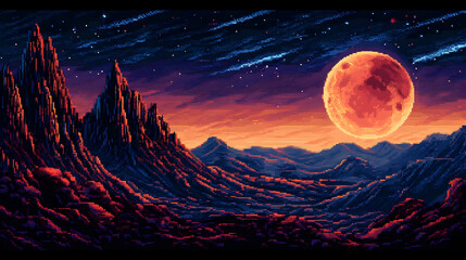 Pixel Art Landscape of Red Moon over Jagged Dark Blue Mountains under Starry Sky Digital Illustration