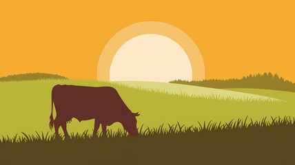 A lone cow grazes peacefully in a picturesque meadow at sunset. The sun casts a warm glow over the scene, painting the sky with vibrant colors.